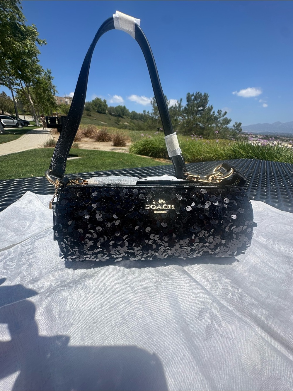 Coach Black Sequin Mini Shoulder Bag with Gold Hardware